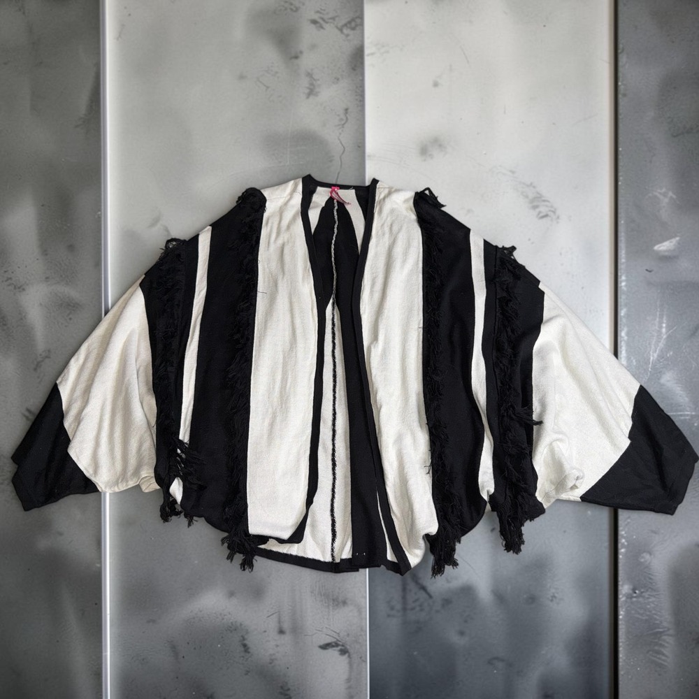 Plenty by Tracy Reese Black White Striped Fringe Open Front Cardigan Wrap